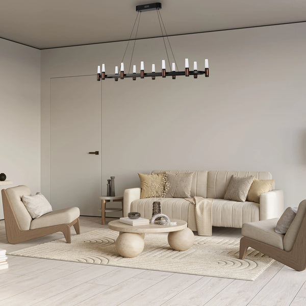 A modern ring-shaped chandelier with a sleek black finish, featuring cylindrical lights. Contemporary lighting for a stylish interior.