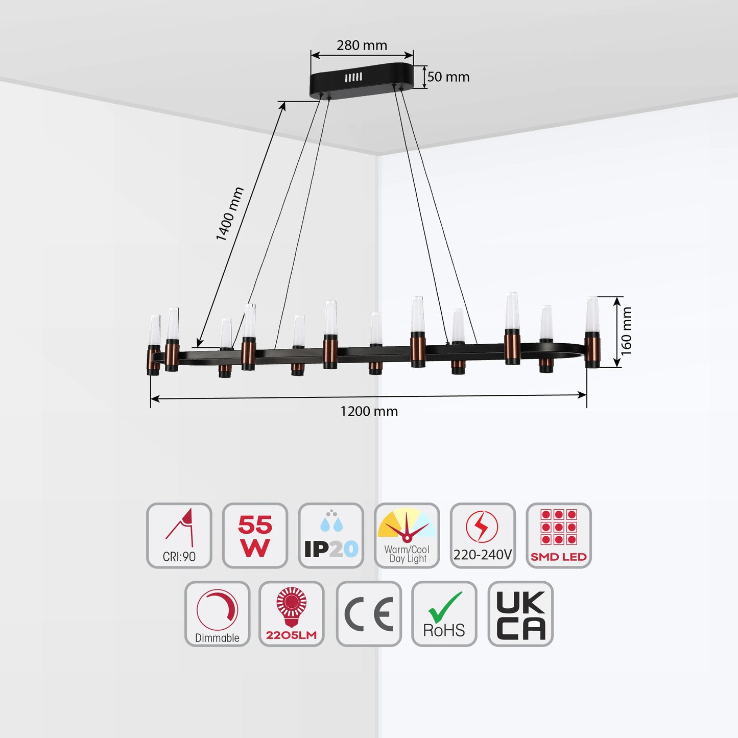 A stylish modern chandelier with a sleek design and integrated LED lighting, perfect for adding a touch of elegance to any room.