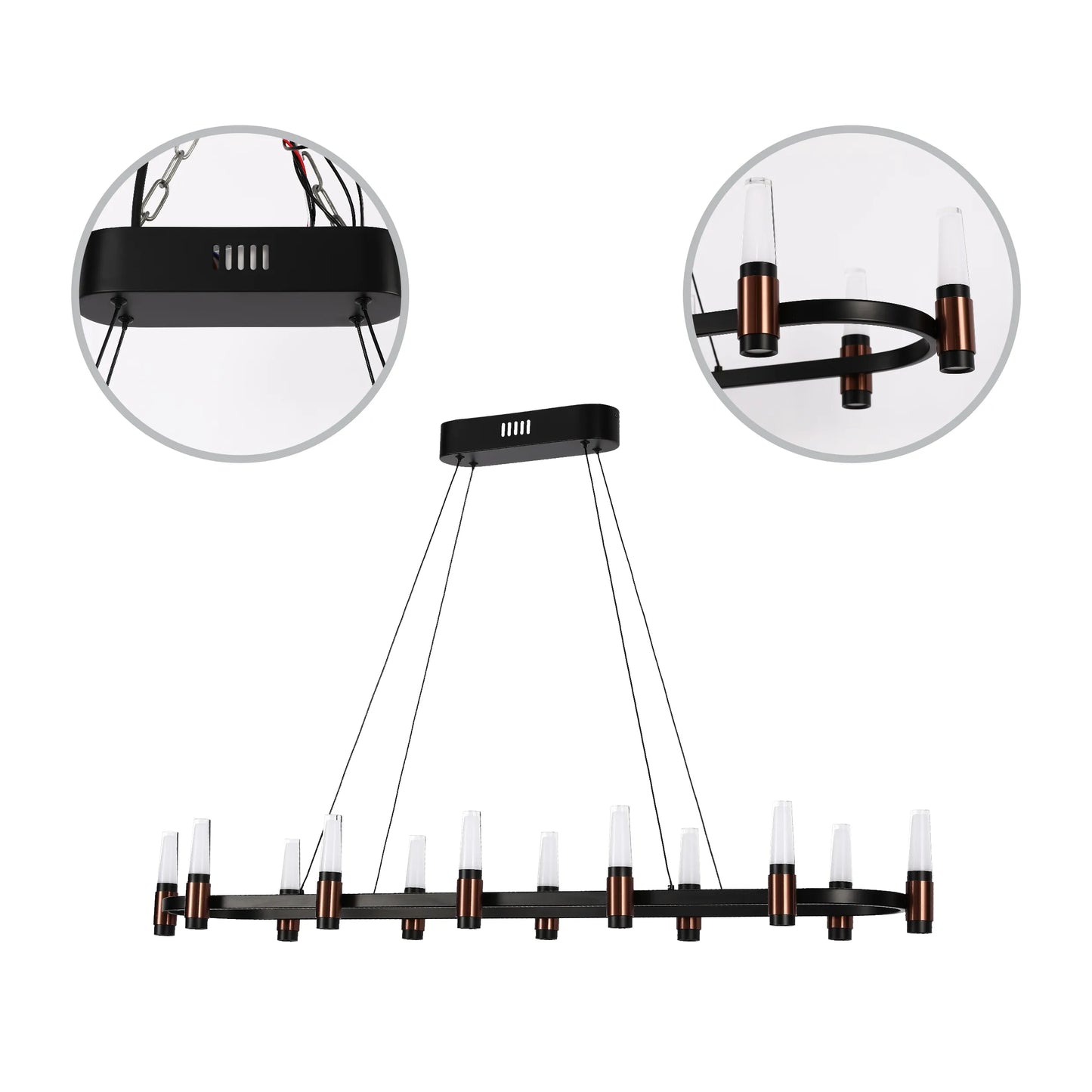 A modern black and copper ring chandelier with white glass shades. Suspended by thin black wires for an elegant look.