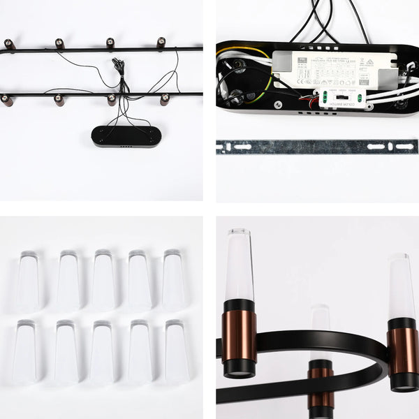 A modern LED chandelier with ten lights. The fitting is dark metal, with copper accents, and clear glass shades.