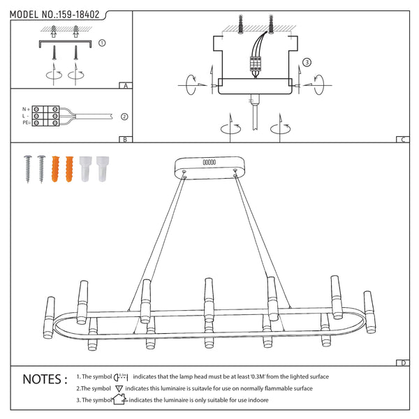 Technical diagram of a chandelier with cylindrical diffusers and central elongated ceiling rose, along with installation instructions.