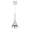 Modern, white pendant light with a cone-shaped shade and a subtle lightbulb.
