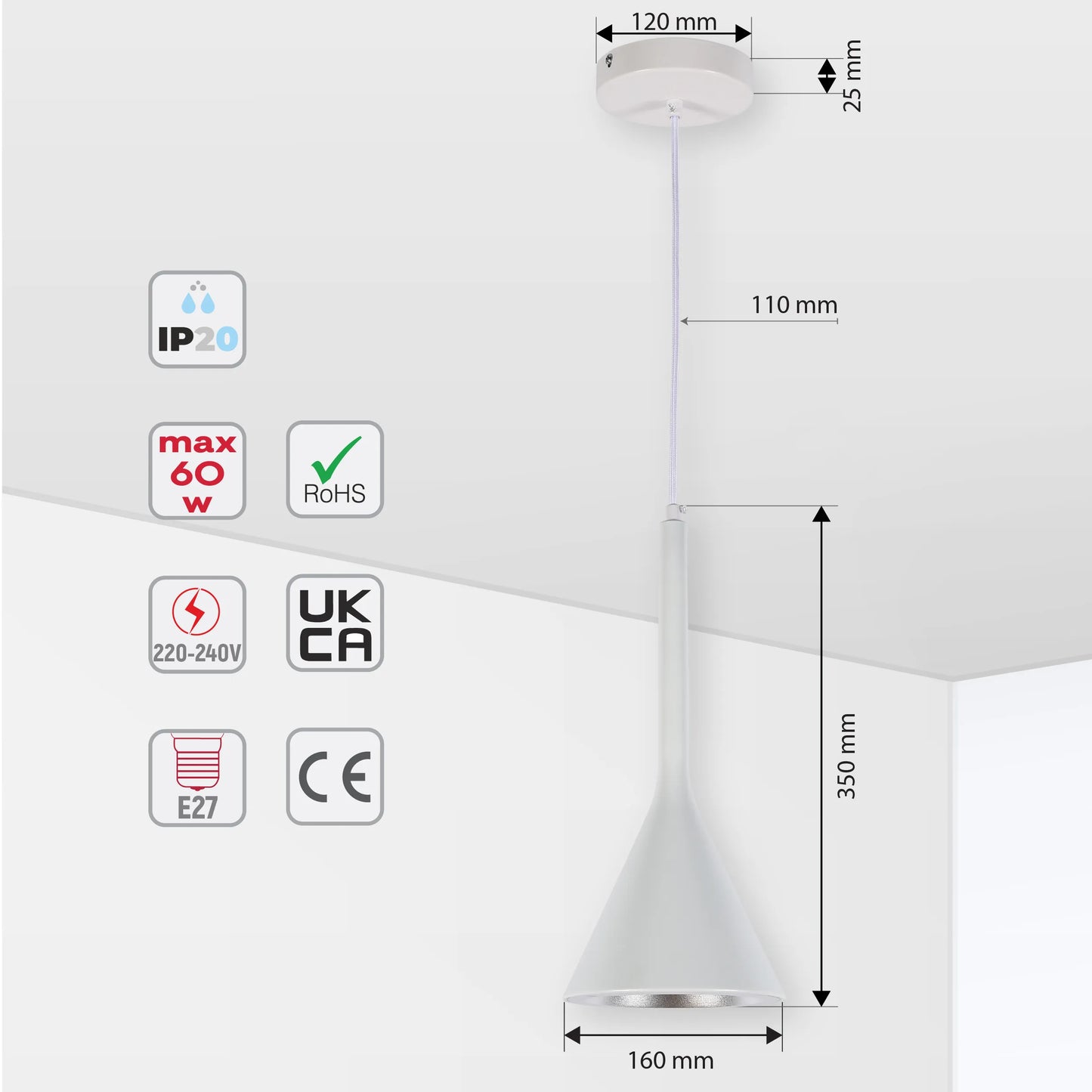 Stylish white pendant light with visible dimensions. Perfect for adding a modern touch to any room.
