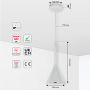 Stylish white pendant light with visible dimensions. Perfect for adding a modern touch to any room.