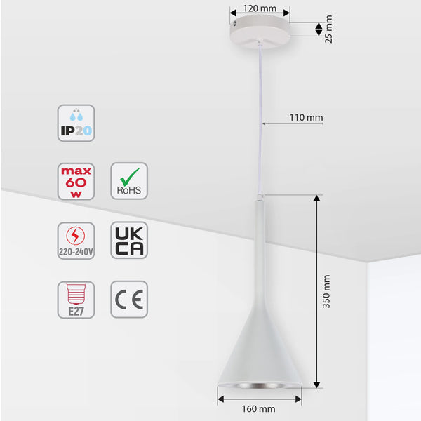 Stylish white pendant light with visible dimensions. Perfect for adding a modern touch to any room.
