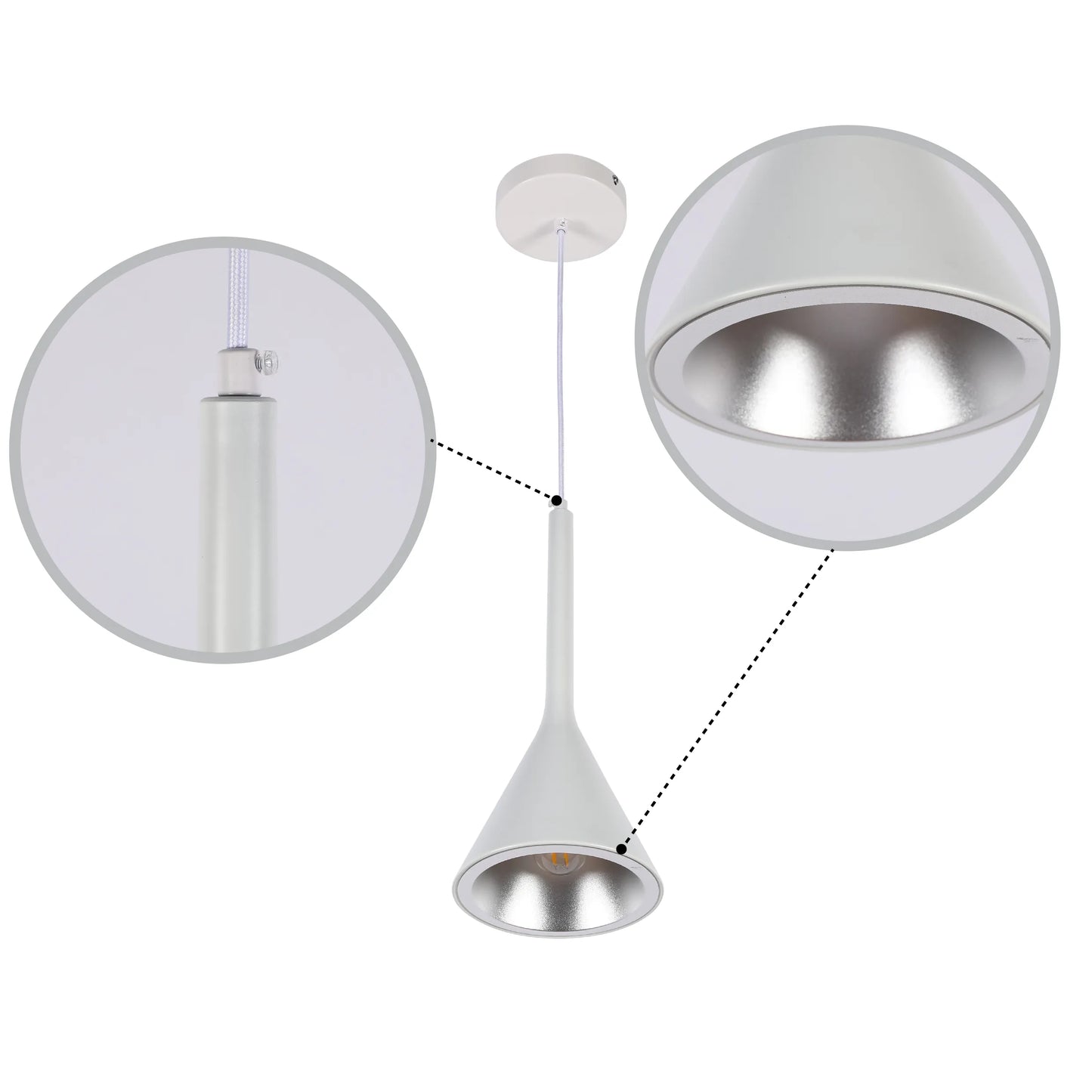 A stylish, matte white pendant light with silver interior and fabric cable, showcasing adjustable height.