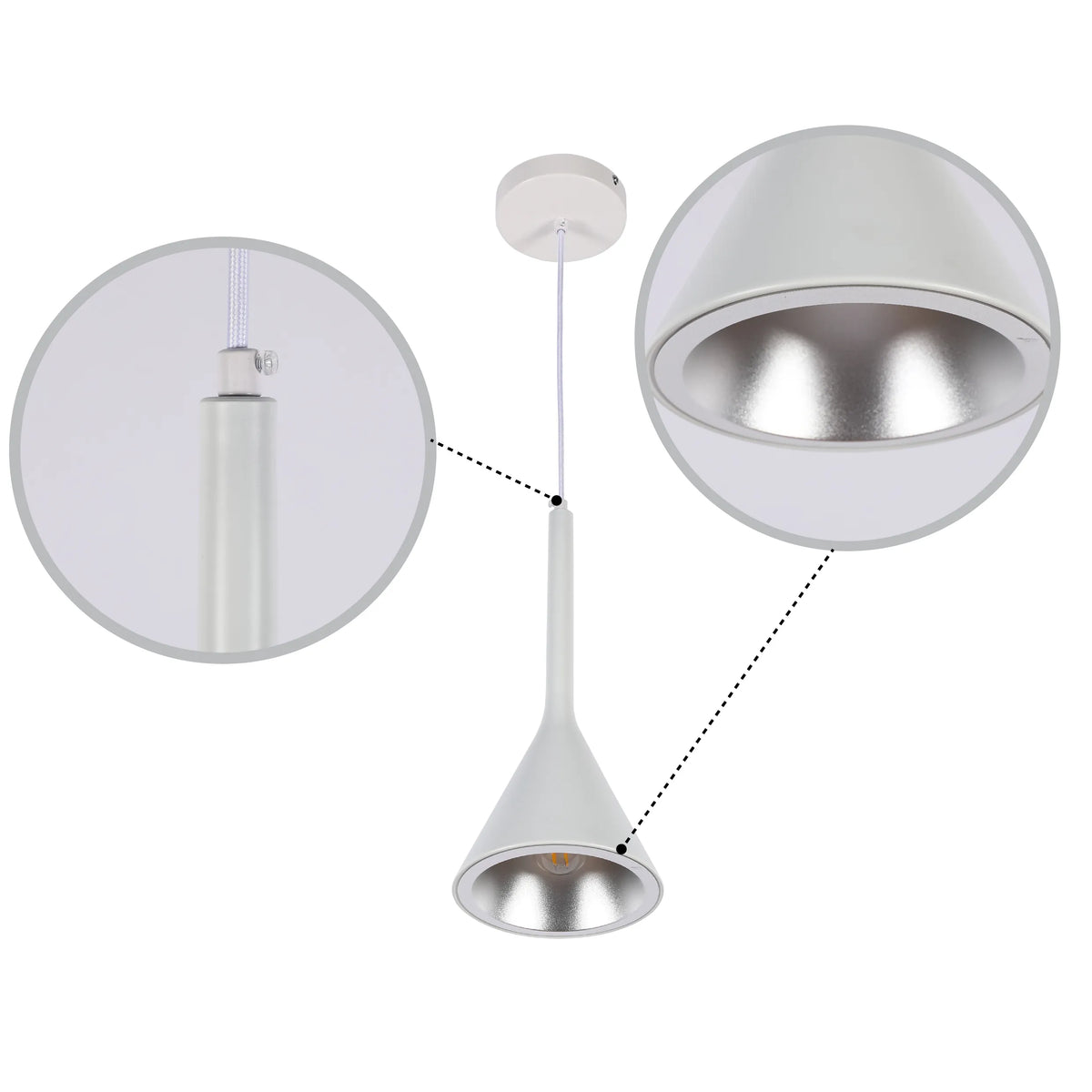 A stylish, matte white pendant light with silver interior and fabric cable, showcasing adjustable height.