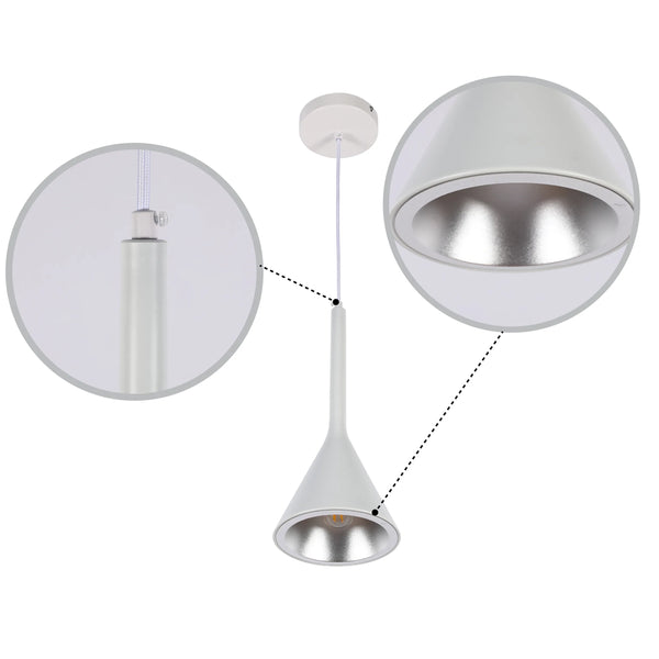 A stylish, matte white pendant light with silver interior and fabric cable, showcasing adjustable height.