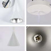 A modern, white pendant light with a cone-shaped shade. Perfect for adding a touch of minimalist style to any room.