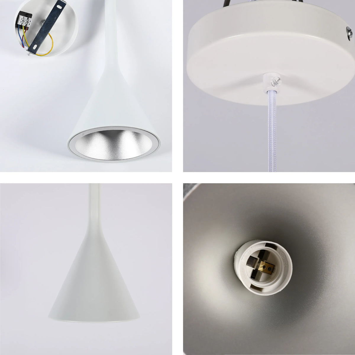 A modern, white pendant light with a cone-shaped shade. Perfect for adding a touch of minimalist style to any room.