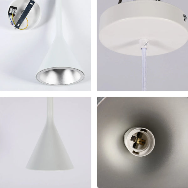 A modern, white pendant light with a cone-shaped shade. Perfect for adding a touch of minimalist style to any room.