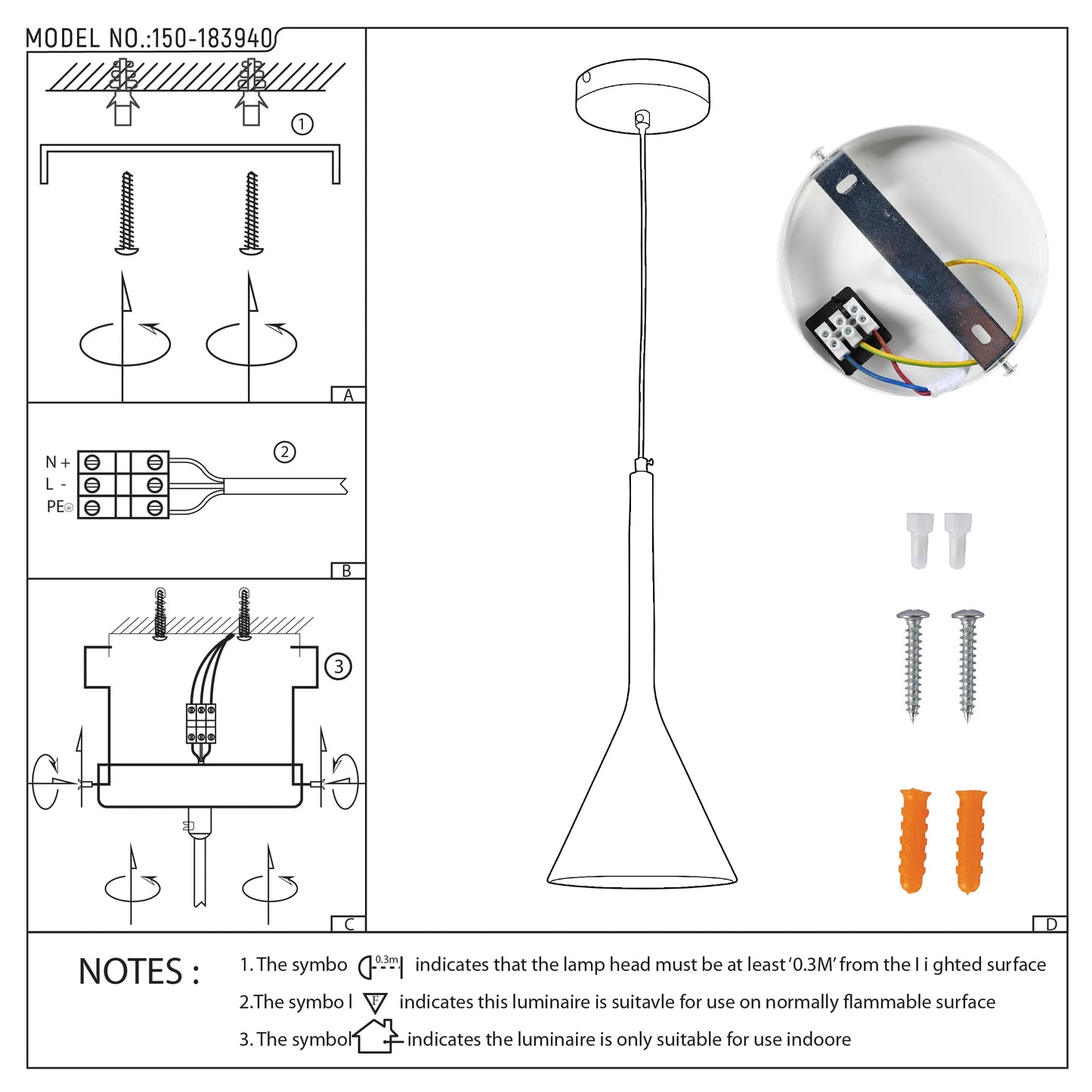 A diagram shows the light's installation: attaching to the ceiling, wiring, and securing the light fitting. Hardware is also displayed.