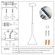 A diagram shows the light's installation: attaching to the ceiling, wiring, and securing the light fitting. Hardware is also displayed.