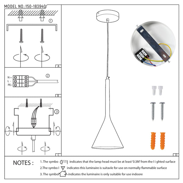 A diagram shows the light's installation: attaching to the ceiling, wiring, and securing the light fitting. Hardware is also displayed.