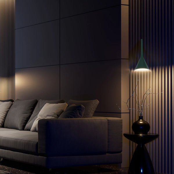 Striking modern lighting design, with a pendant lamp accenting a side table and wall feature. Adds a stylish, atmospheric glow.