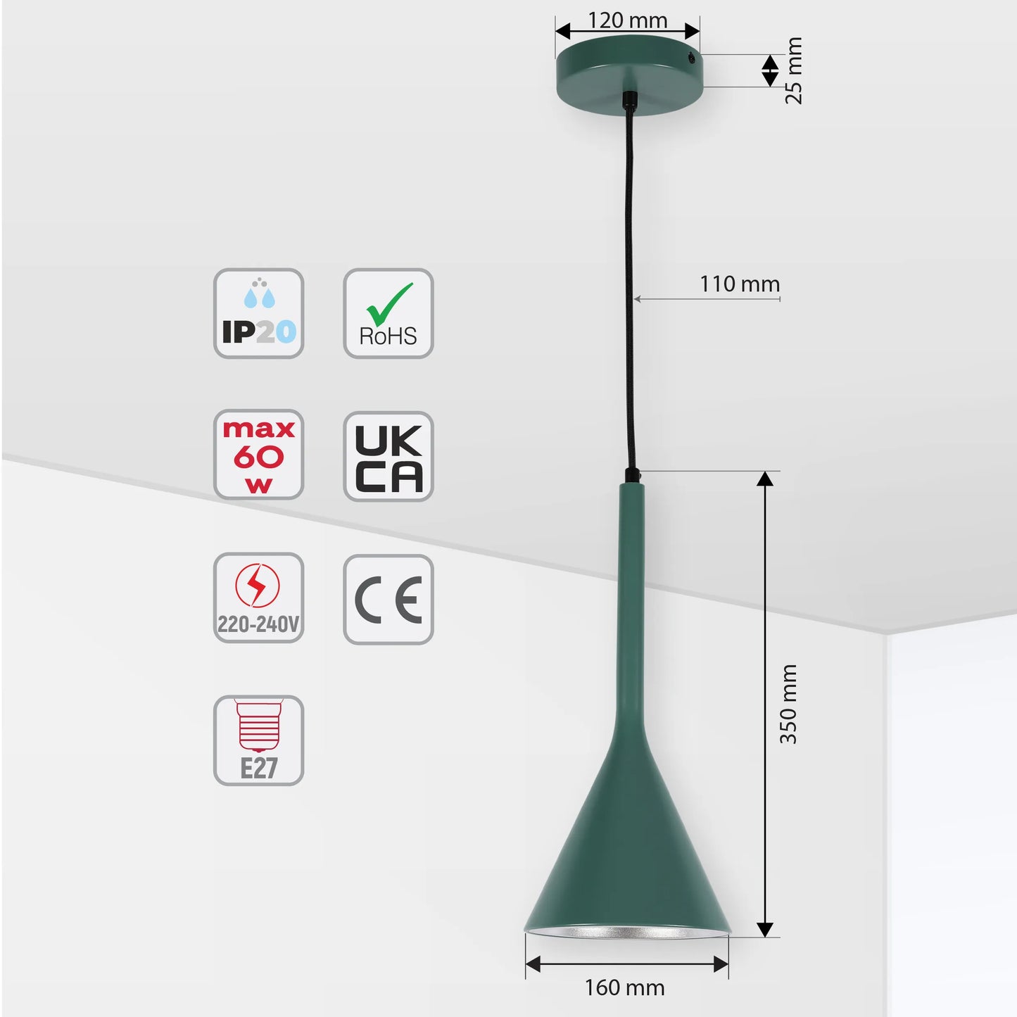 Green pendant light with dimensions labelled. IP20, RoHS, UKCA and CE compliant. E27 socket.