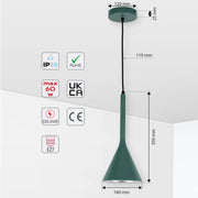 Green pendant light with dimensions labelled. IP20, RoHS, UKCA and CE compliant. E27 socket.