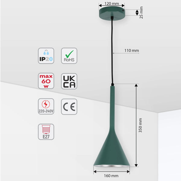 Green pendant light with dimensions labelled. IP20, RoHS, UKCA and CE compliant. E27 socket.