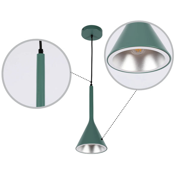 A modern, matte green pendant light with silver interior. A stylish lighting solution for any home.