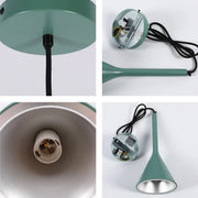 A contemporary, green pendant light with a black braided cable. Images show multiple views.
