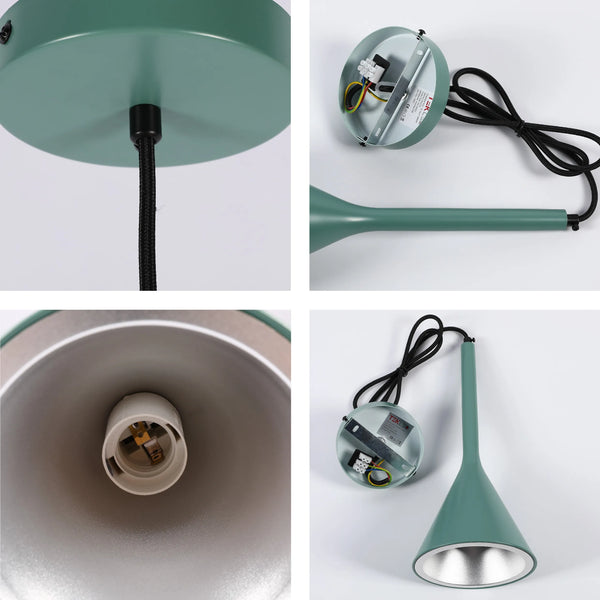 A contemporary, green pendant light with a black braided cable. Images show multiple views.