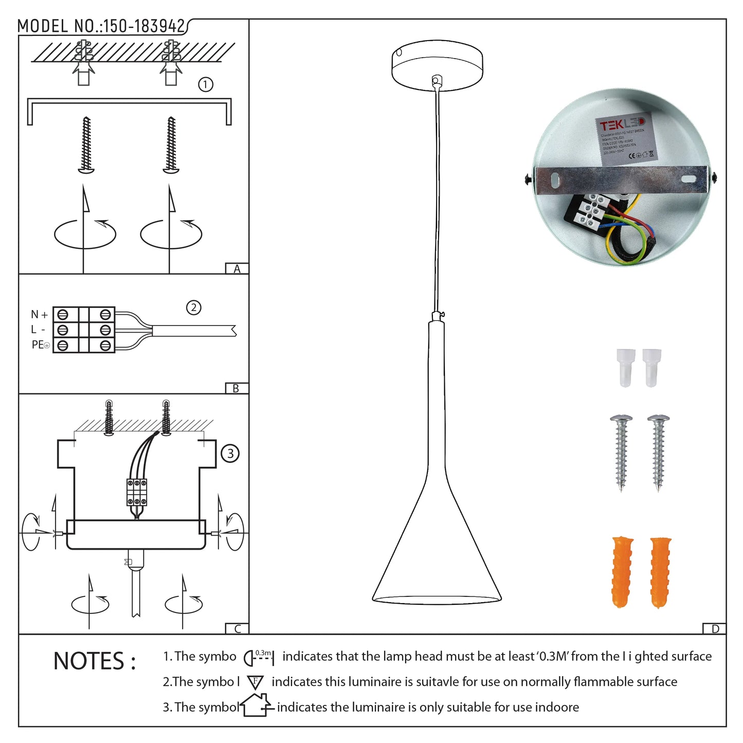 A pendant light is depicted with diagrams for installation and safety notes for indoor use and flammable surfaces.