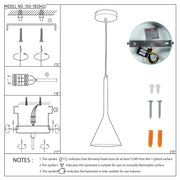 A pendant light is depicted with diagrams for installation and safety notes for indoor use and flammable surfaces.