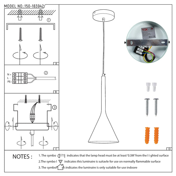 A pendant light is depicted with diagrams for installation and safety notes for indoor use and flammable surfaces.