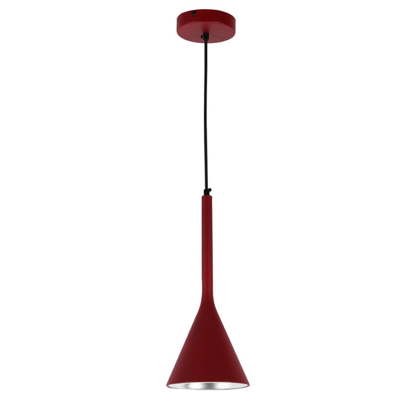 A sleek, red pendant light with a striking, modern design. Suspended by a black cable, it adds a stylish pop of colour.