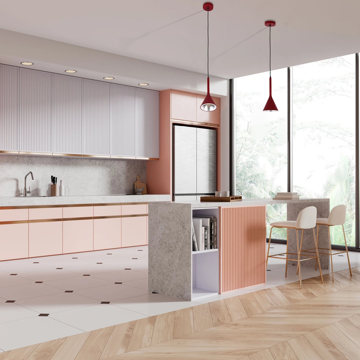 Modern kitchen lighting: Two stylish, red pendant lights illuminate the breakfast bar area, creating a focal point.