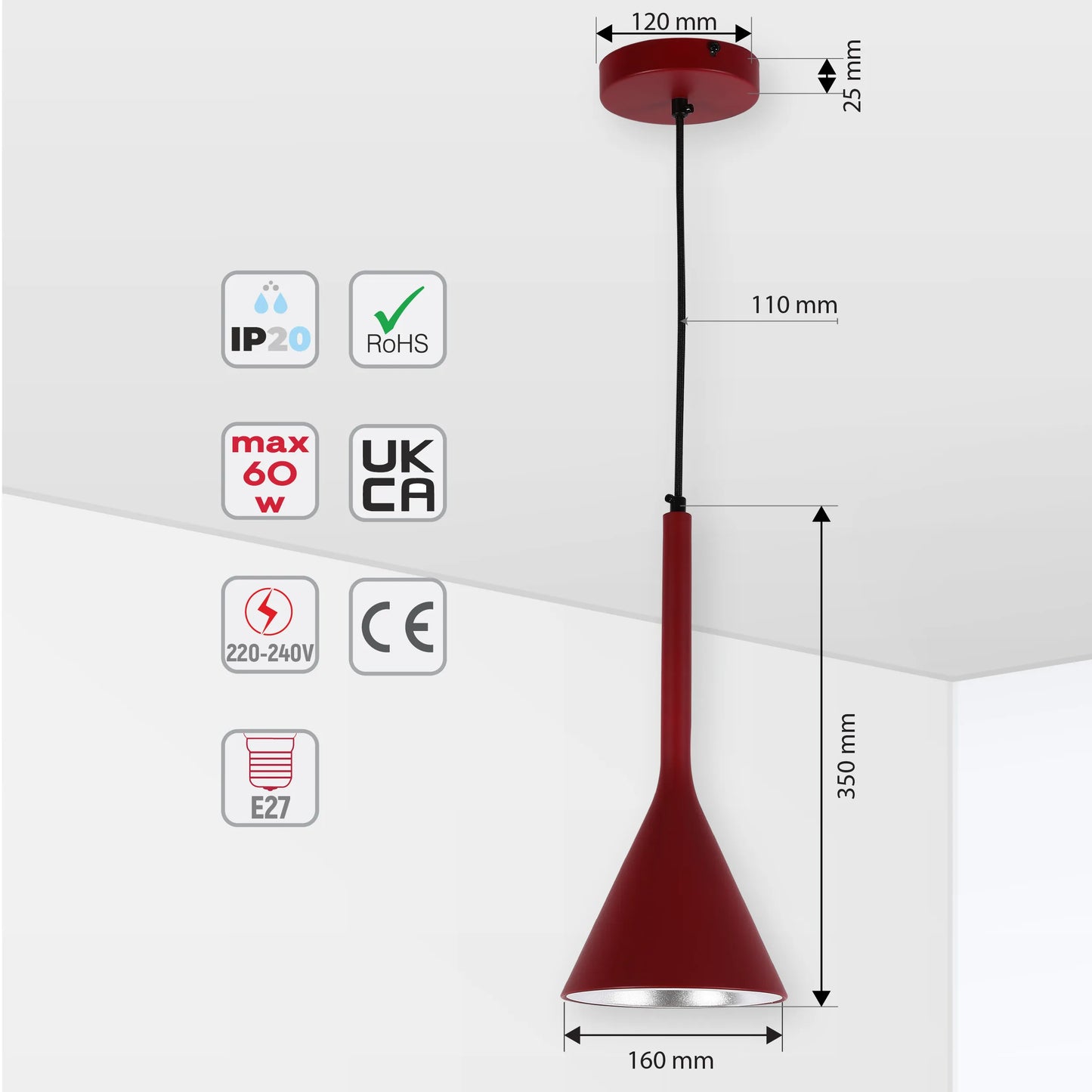 A stylish red pendant light with a cone shade, suspended by a thin cable. Dimensions included.