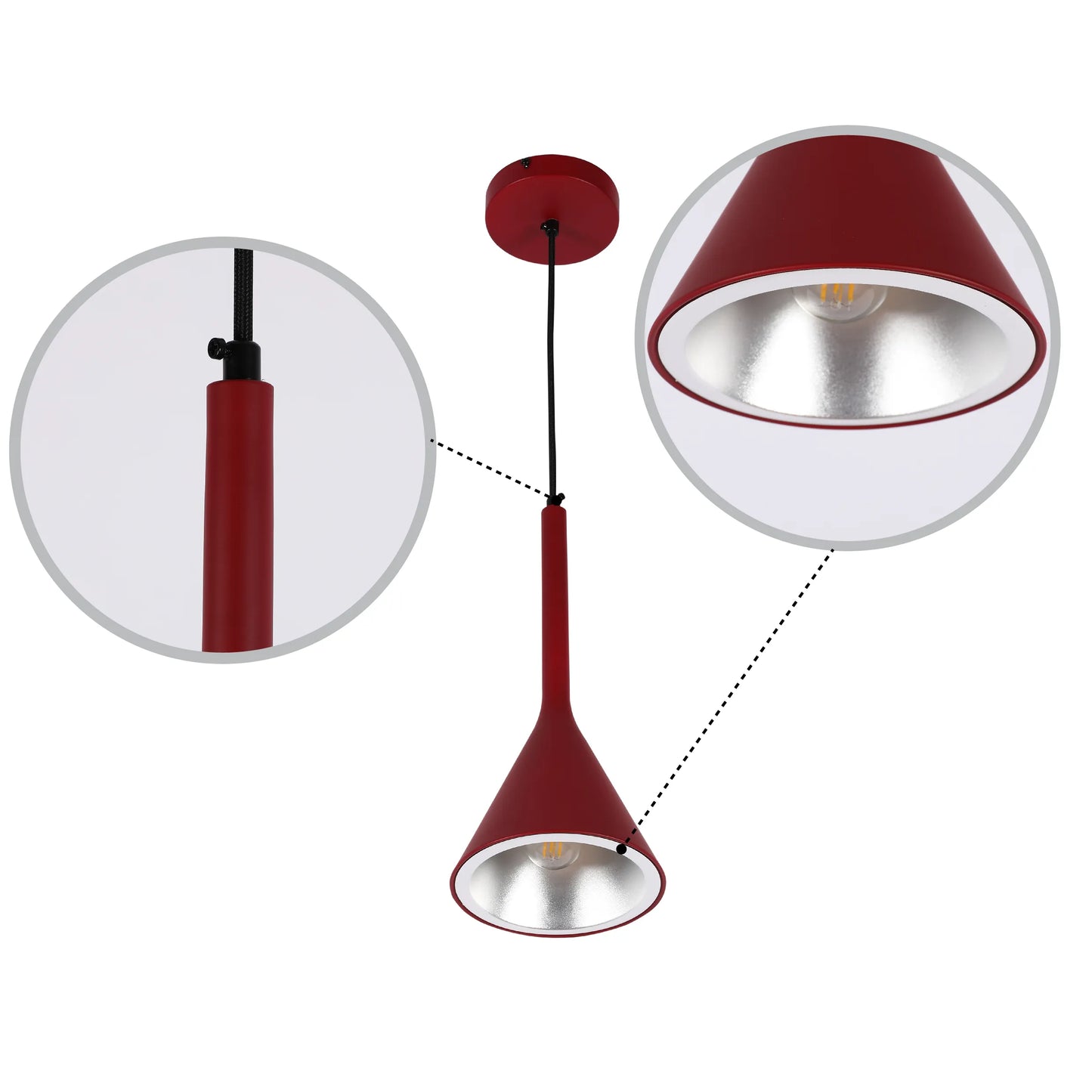 Modern pendant light with a red outer, silver inner shade, and black suspension cable.