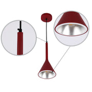 Modern pendant light with a red outer, silver inner shade, and black suspension cable.
