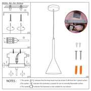 Technical drawing of a pendant light, with installation instructions and safety notes. Model number 150-183943, 220-240V-50HZ, suitable for indoor use.