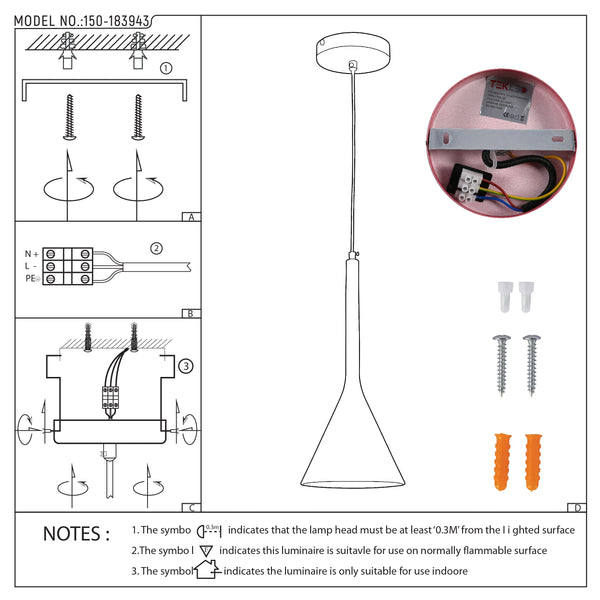 Technical drawing of a pendant light, with installation instructions and safety notes. Model number 150-183943, 220-240V-50HZ, suitable for indoor use.