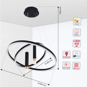 A modern LED pendant light with two rings and cylindrical diffusers, showcasing its size and technical specifications.