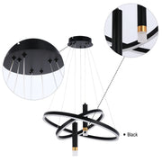 A modern, black ring chandelier with integrated LED lighting, suspended by multiple cables. Contemporary style for ambient illumination.