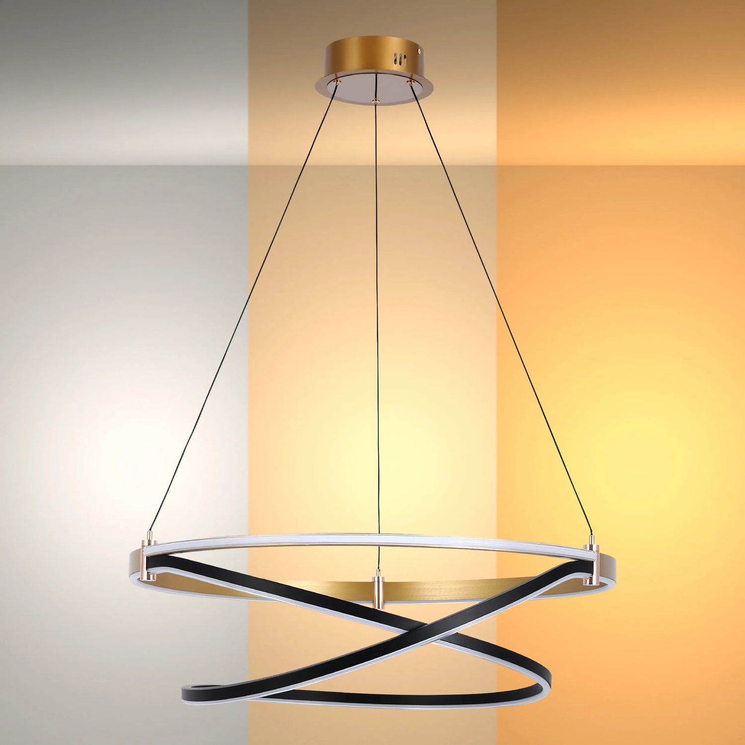 Modern LED ring chandelier with a swirled design, suspended by black cords, for stylish and energy-efficient illumination.