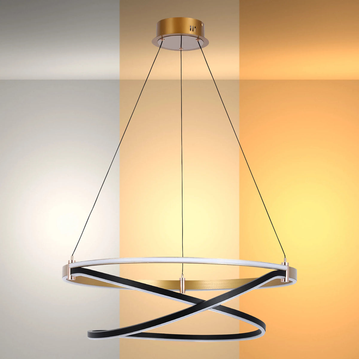 Modern LED ring chandelier with a swirled design, suspended by black cords, for stylish and energy-efficient illumination.