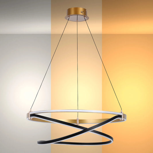 Modern LED ring chandelier with a swirled design, suspended by black cords, for stylish and energy-efficient illumination.