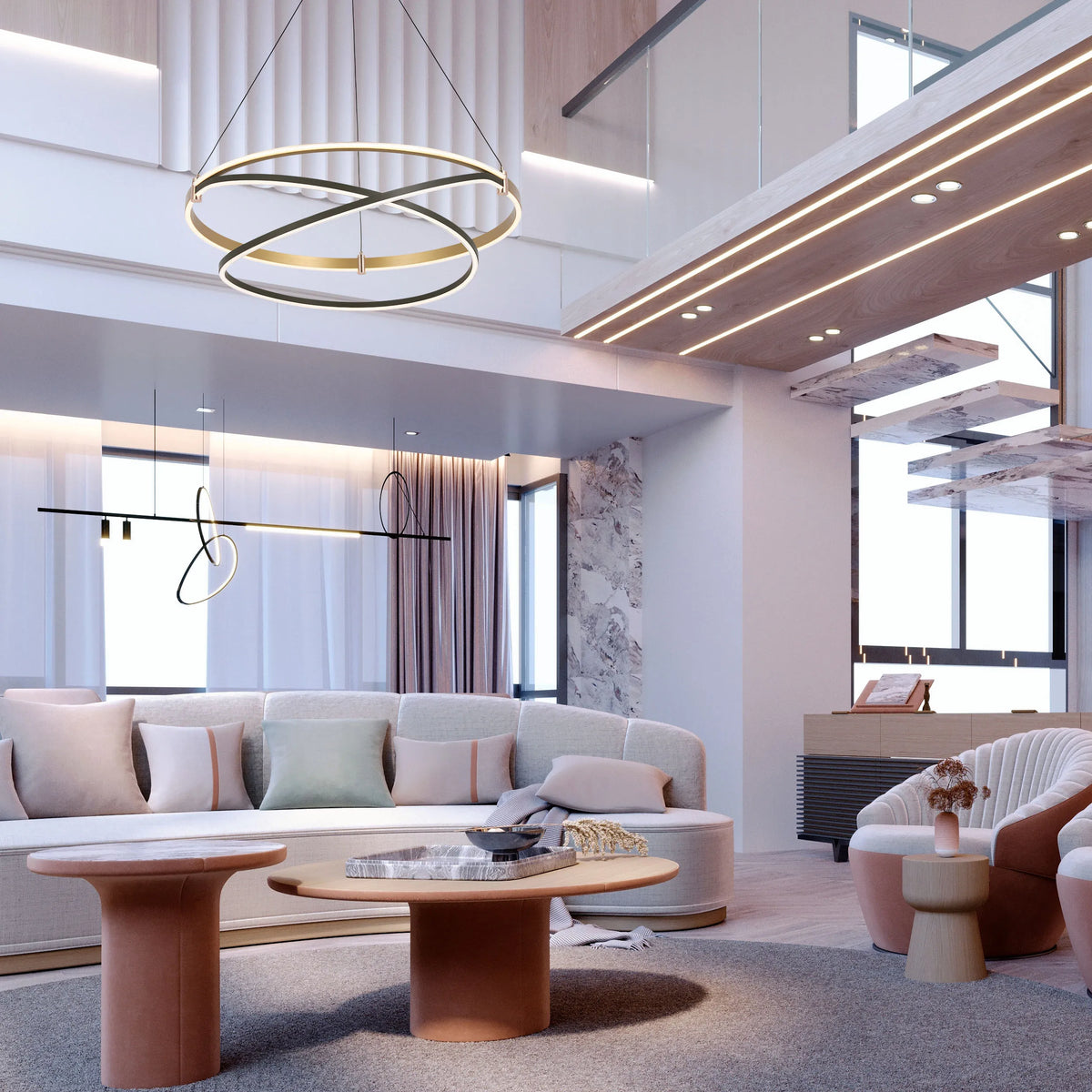 A mix of ambient and accent lighting creates a bright and modern interior. Features a circular pendant and linear light fixtures.