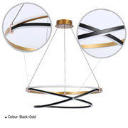 A black and gold LED pendant light with a circular design. Modern and eye-catching feature lighting.