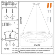 A modern circular LED pendant light design is on display in this technical drawing.  Dimensions shown.