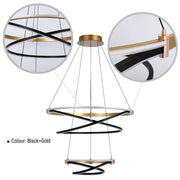 Modern black and gold LED pendant light, with three spiralling ring fixtures suspended by black cables.