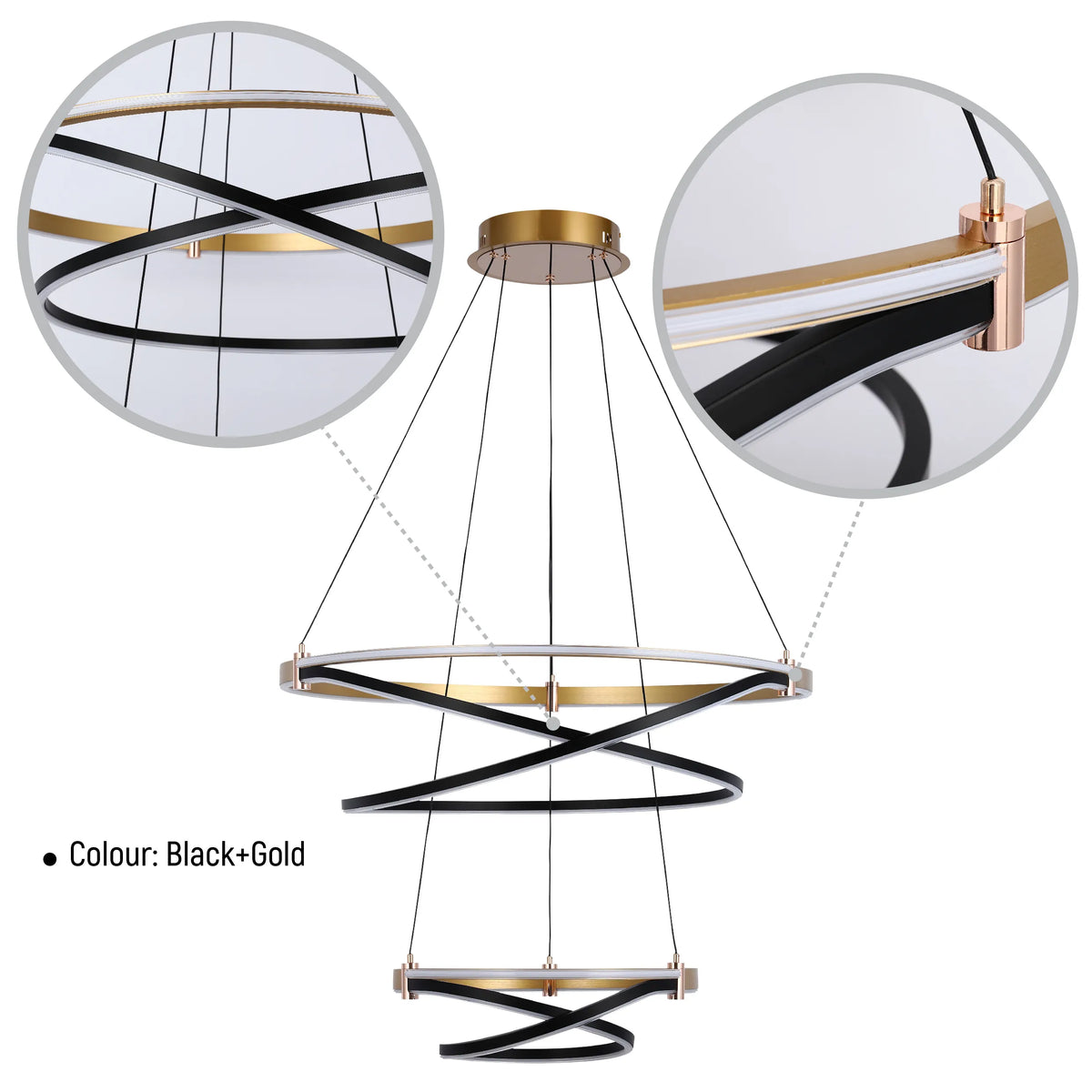 Modern black and gold LED pendant light, with three spiralling ring fixtures suspended by black cables.