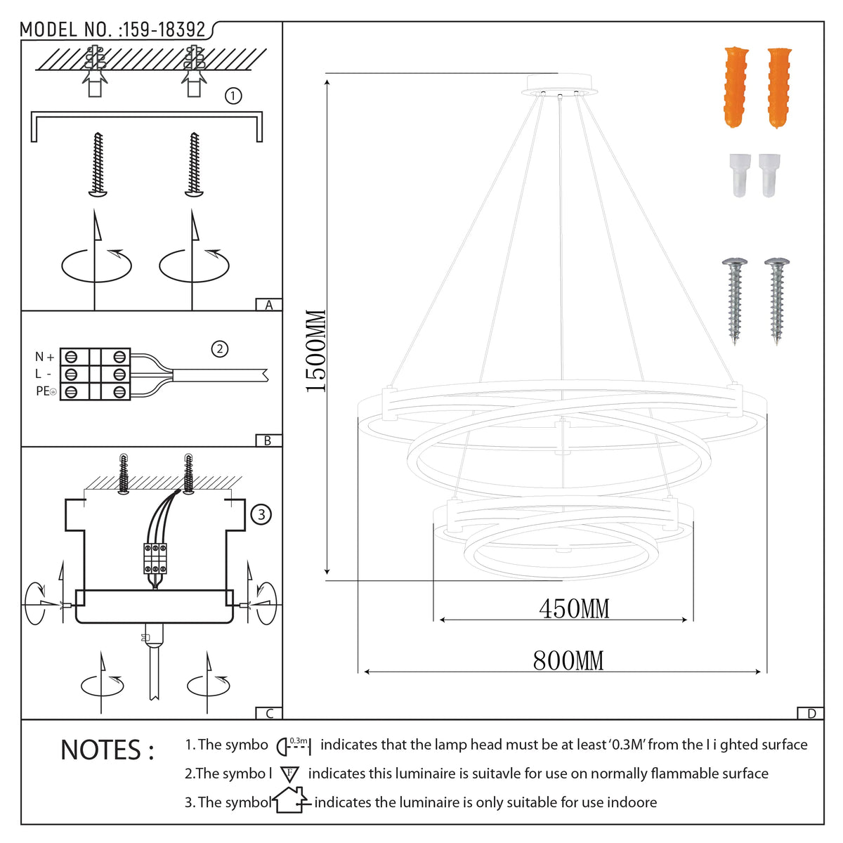 Technical diagram of a modern, round chandelier with measurements: 1500mm height, 450mm inner diameter, and 800mm outer diameter.