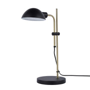 Modern desk lamp with a sleek black shade and gold-tone stand. A contemporary lighting choice for any home or office setting.