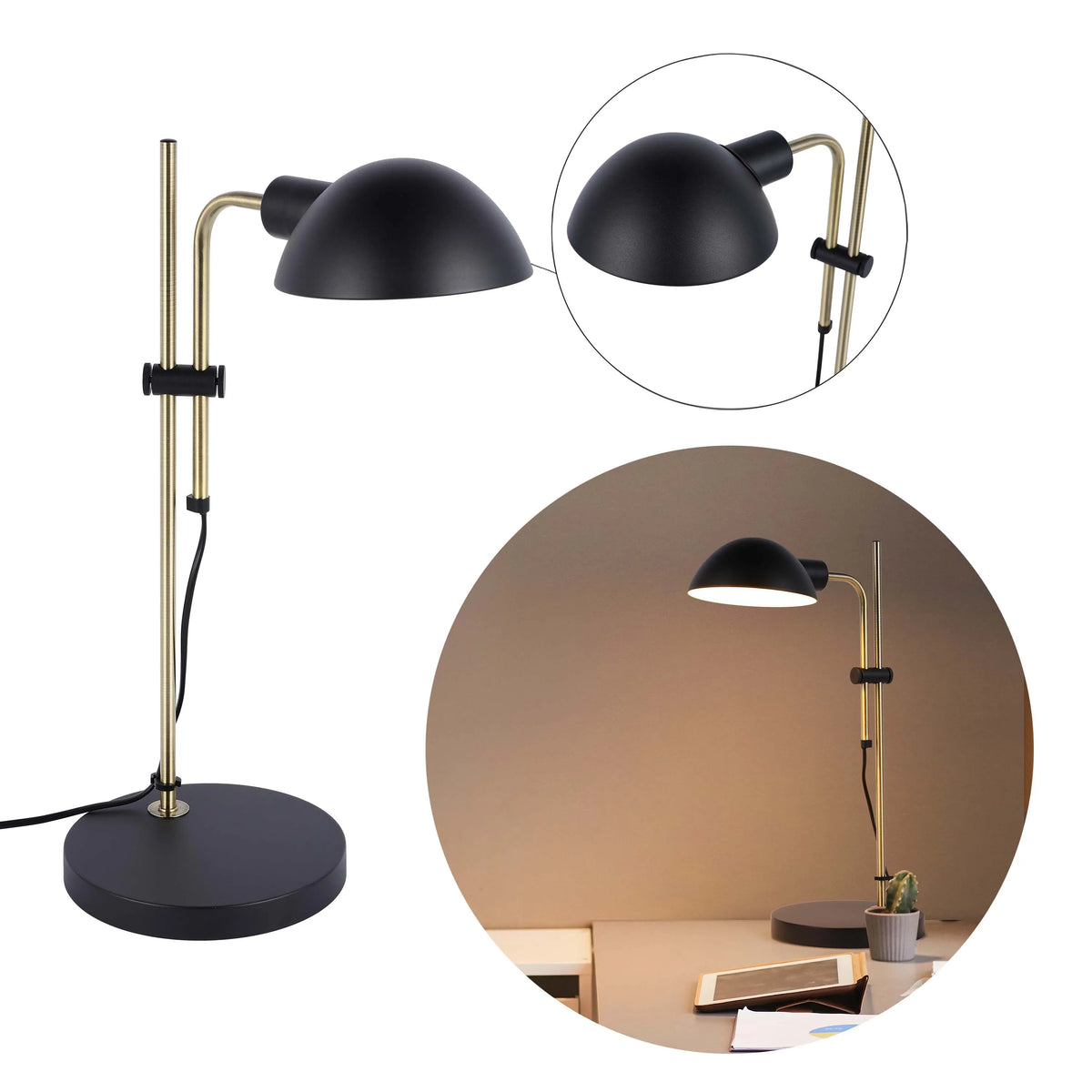 A modern black and brass desk lamp. Adjustable head and height, it emits a soft, focused glow for study or work.