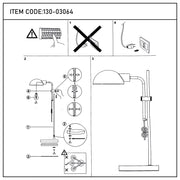A line drawing depicting the steps to assemble a lamp and warnings. The text at the top says, 'ITEM CODE:130-03064'.