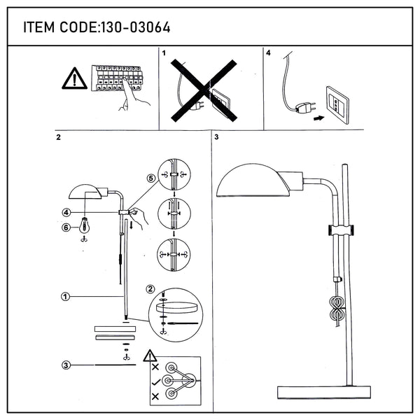A line drawing depicting the steps to assemble a lamp and warnings. The text at the top says, 'ITEM CODE:130-03064'.